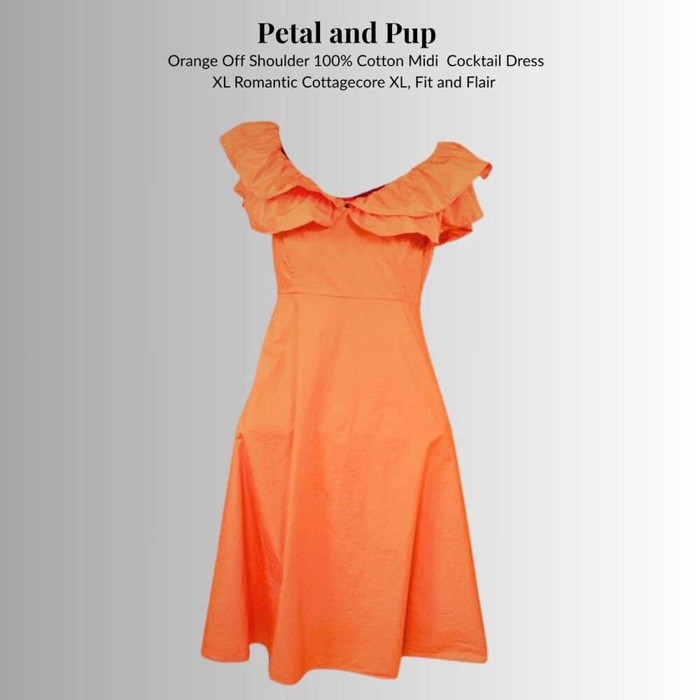 Petal & Pup Orange Off Shoulder 100% Cotton Midi Dress Romantic Cottagecore XL